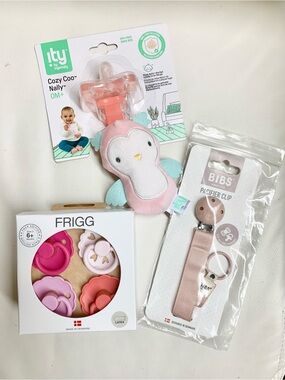 FRIGG Pink Baby Pacifier Set & BIBS Blush Pacifier Clip with Pink Soother